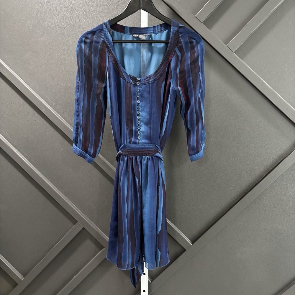A|X Armani Exchange Blue Abstract Stripe Button Front Tie Waist Dress Size 2